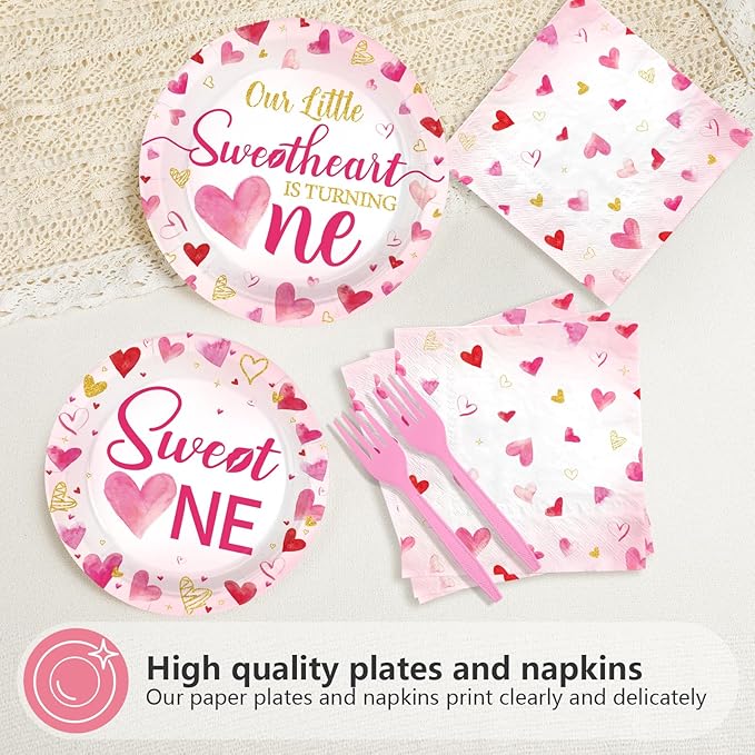 96Pcs Valentines 1st Birthday Party Decorations Valentine Sweet One Plates and Napkins Our Little Sweetheart is Turning One Party Decoration for Valentine's First Year Old Birthday Supplies Serves 24