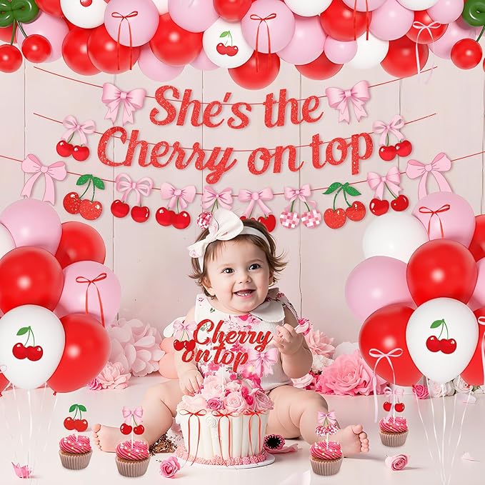 Cherry Party Decorations She's The Cherry On Top Banner Summer Fruit Cherries Themed Decor with Bow Cake Topper Pink Red White Balloons Fringe Curtains for Birthday Baby Shower Wedding Bridal Shower