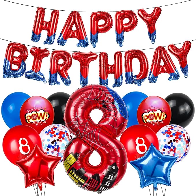 Cartoon Hero 40 Inch Red and Blue Spider Theme Number Foil Birthday Decoration Balloon, Spider Theme Happy Birthday Banner Party Decoration Balloon, Letter Logo Superhero Party Supplies (8)