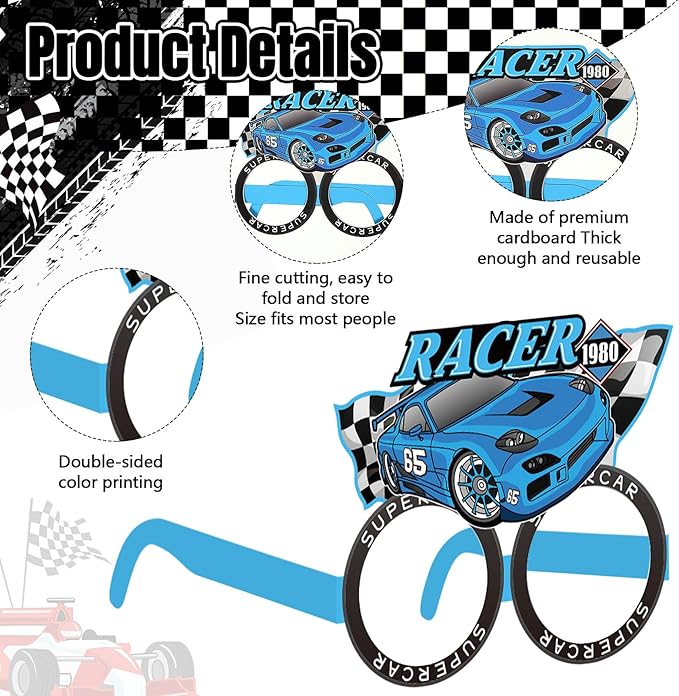 32 Pack Race Car Party Favors for Boys - Racing Paper Glasses Frames Checkered Flag Eyeglasses for Kids Birthday Party Supplies, Baby Shower Photo Booth Props, Racing Theme Goody Bag Fillers
