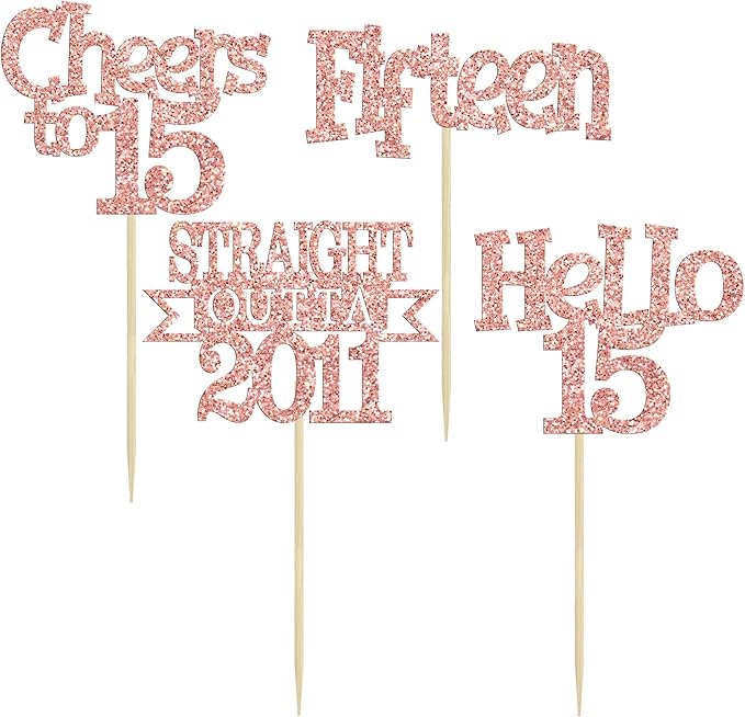 Ephlyn 24Pcs 15th Birthday Cupcake Toppers Glitter Straight Outta 2011 Cupcake Picks Hello 15 Cheers to 15 Years Cake Decorations for 15th Birthday Anniversary Party Decorations Supplies Rose Gold