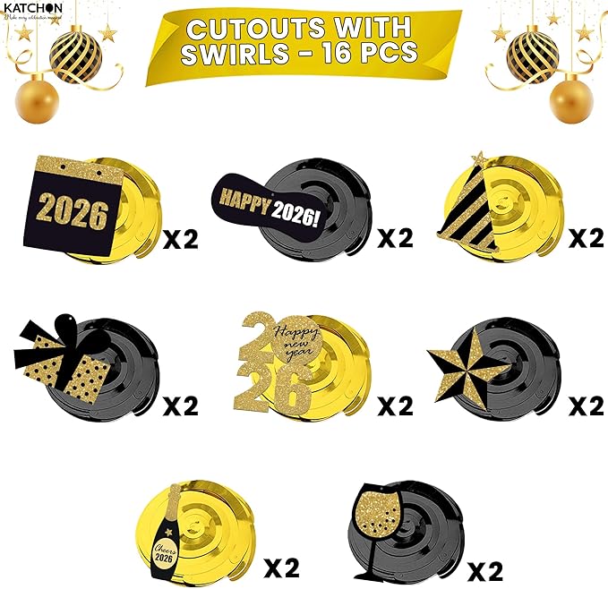 KatchOn, Happy New Year Hanging Swirls - Pack of 30, No DIY | Ceiling Decorations, New Years Eve Party Supplies 2026 | Happy New Year Decorations 2026 | NYE Decorations | New Years Eve Decorations