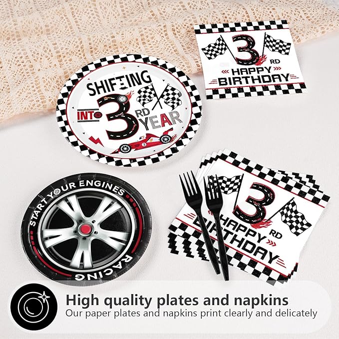 96Pcs Shifting into 3rd Year Birthday Decorations Disposable Race Car Themed 3rd Party Plates and Napkins Checkered Flag Tableware Set for Boys Racing Car 3 Years Old Birthday Party Supplies Serves 24