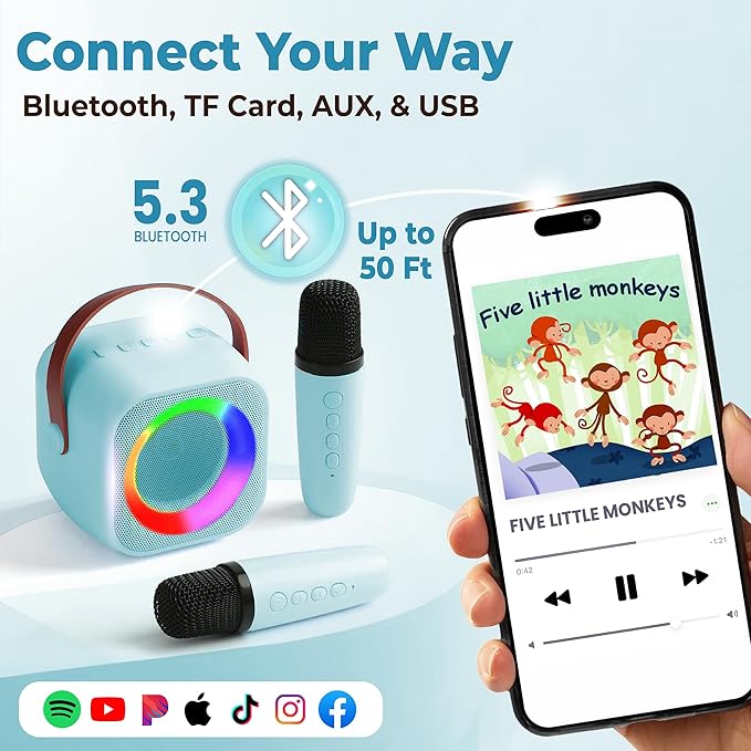 Mini Karaoke Machine for Kids | Pre-Loaded 25 Kids Songs | Bluetooth Speaker, 2 Wireless Microphones | Ages 3, 4, 5, 6, 7+ Year Old Birthday Gift | Toy for Girls, Boys, Toddler