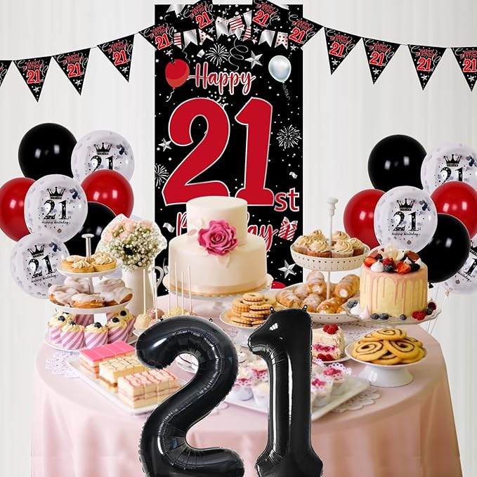 21th Birthday Decorations for Him Her, Red Black Happy 21st Birthday Decorations for Men Women, Boys 21st Bday Door Banner, Triangle Flag, Large 21 Balloons Decor for 21 Year Old Party