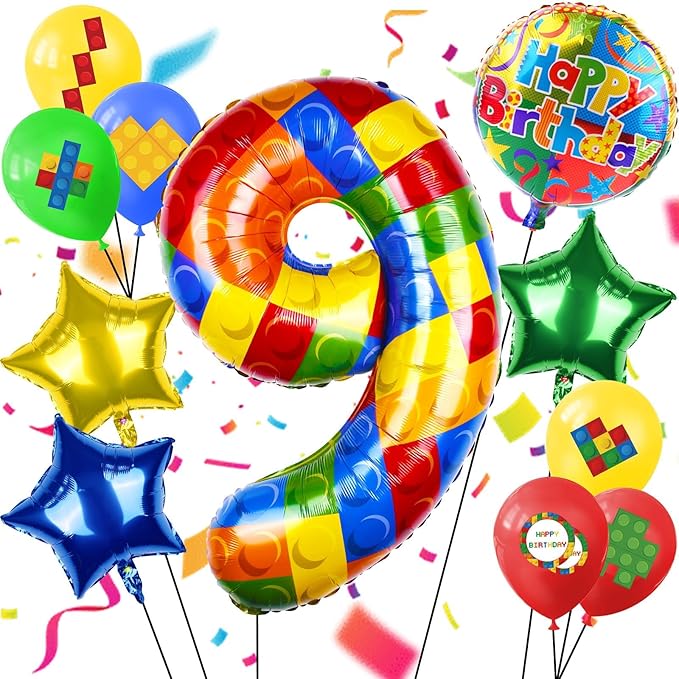 40 Inch Building Block Number Balloon, Colorful Number Block Foil Balloons Large Big Numbers Helium Balloon for Girls Boys 9th Birthday Brick Theme Party Decorations (Number 9)
