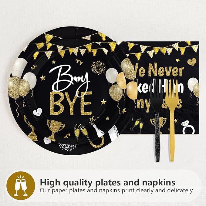96Pcs Divorced Party Decorations We Never Liked Him Anyway Plates and Napkins Black Gold Divorced Disposable Paper Tableware Set for Women Men Break Up Divorce Party Supplies Serves 24