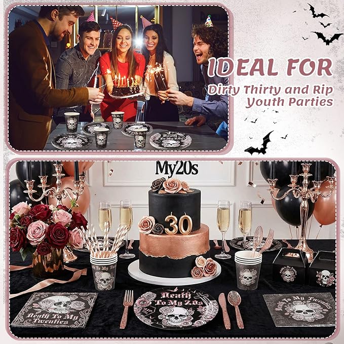 450 Pcs Death to My 20s Tableware Set Rose Gold Black 30th Birthday Party Decorations Rip to My 20s Paper Plates Napkins Cups Cutlery Straws for Women Funeral My Youth Birthday, Serves 50