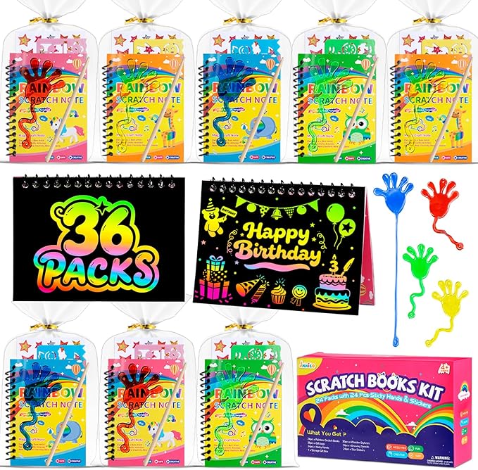 36*3 Packs Scratch Art Notebook+Sticky Hands+Stickers,Easter Party Favors for Kids 4-8-12,Return Gifts for Birthday Party Bulk Toys,Goodie Bags Stuffers, Classroom Prizes Students Gifts