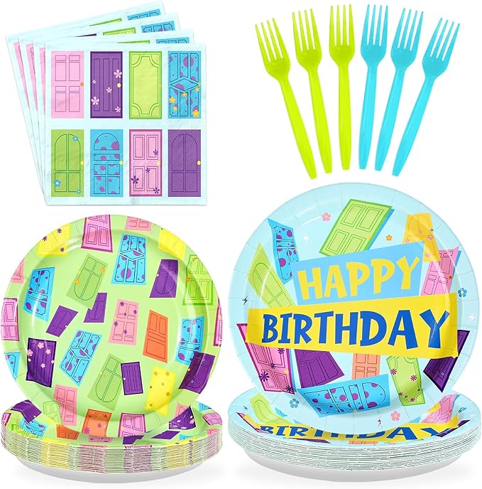 96Pcs Monster Birthday Party Supplies Colorful Door Party Plates and Napkins Disposable Monster Themed Tableware Set for Kids Birthday Baby Shower Decorations, Serves 24
