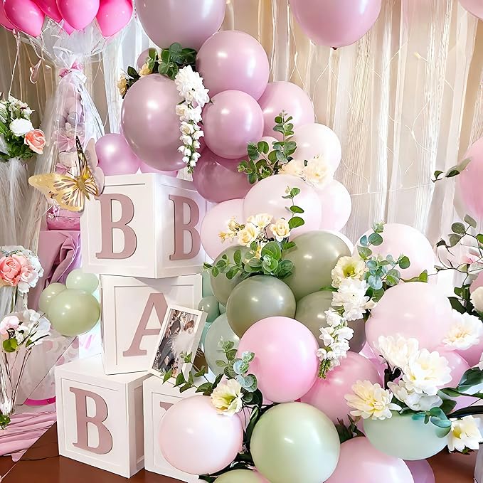 Retro Pink and Sage Green Balloons, Olive Green Pale Pastel Pink Cream White Clear Transparent Balloon for Fairy Tea Party, Floral Balloons as Baby Shower Wedding Nutcracker Birthday Party Decoration