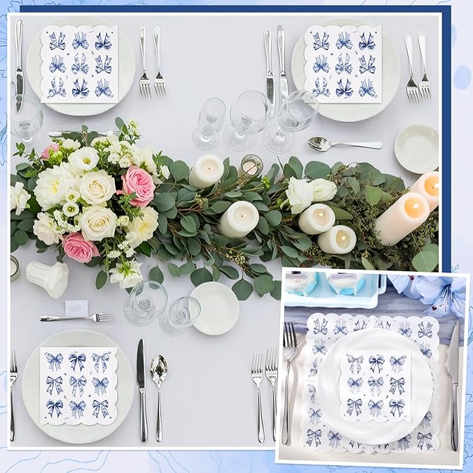 100 Pcs Blue Floral Napkins, Scalloped Blue Bow Cocktail Napkins Decorative Decoupage Napkin Toile Dessert Beverage Napkin for Baby Bridal Shower, Tea Party