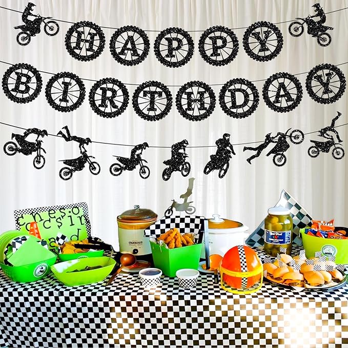 Pre-Strung Dirt Bike Birthday Party Decorations, NO DIY Glitter Happy Birthday Banner, Sick Motocross Stunt Decor Motocross Themed Party Supplies