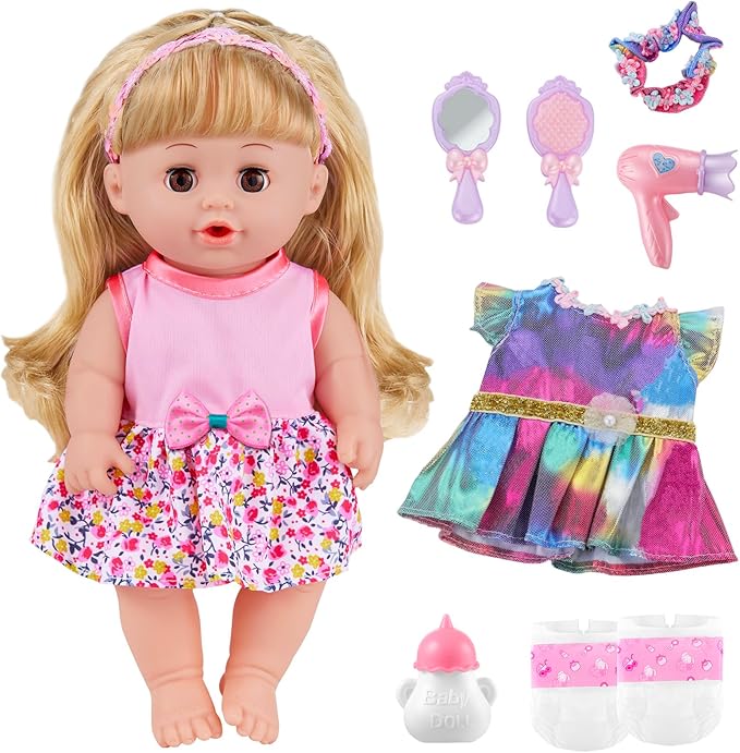 GAGAKU 12 Inch Baby Doll with Hair - Full Vinyl Baby Doll for Girls Ages 3-6 Years, First Baby Doll Playset with Accessories for Toddlers 1-3