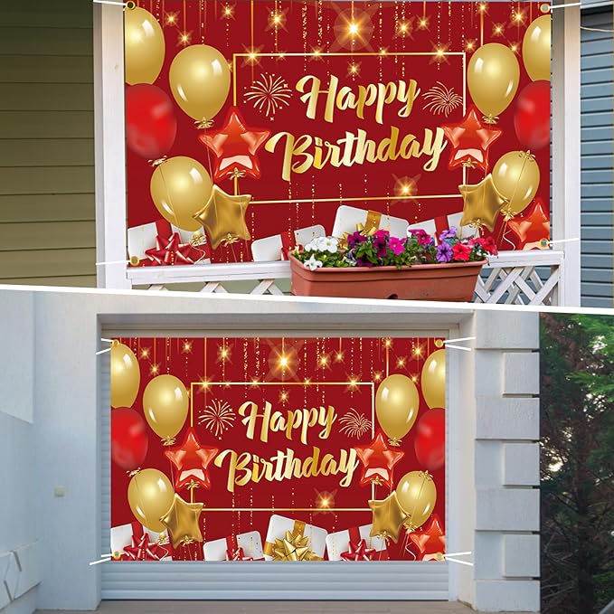 Red and Gold Birthday Decorations for Women Men, 72 Pcs Happy Birthday Banner Backdrop For Boys Girls Red Balloons Arch Kit Tablecloth Confetti Bday Party Supplies Indoors & Outdoors