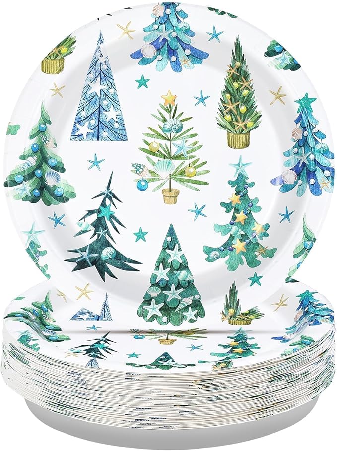 50Pcs Coastal Winter Paper Plates Seashell Beach Christmas Tree Plates 10" Large Heavy Duty Dessert Platters Blue Coastal Xmas Decorations for Ocean Merry Christmas Xmas Holiday Party Supplies