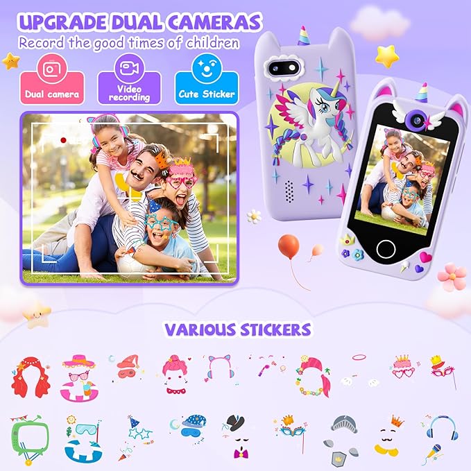 Kids Smart Phone for Girls - Toddler Christmas Birthday Gift, Pretend Phone with Touchscreen, Dual Cameras, Learning, Music Player, Games, 32GB Card, Ages 3-10, Unisex
