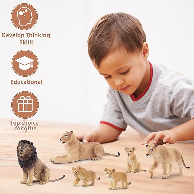 Toymany 6PCS Realistic Lion Figurines with Lion Cubs, 2-5" Wild Life Jungle Animals Figures Family Set Includes Baby Lions, Educational Toy Cake Toppers Easter Birthday Gift for Kids Toddlers