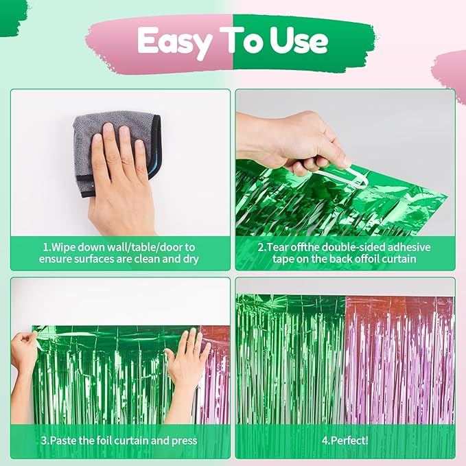 4 Pack Pink and Green Party Decorations Tinsel Foil Fringe Backdrop 3.3’x6.6’, Wicked Party & Halloween Streamer, Durable Metallic Tassel Create Photo Booth & Entrance
