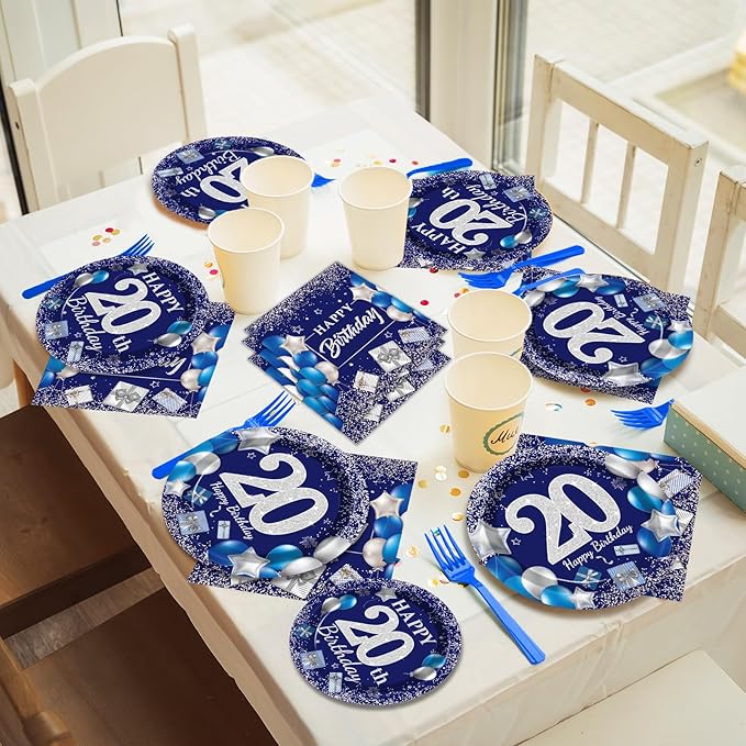 96 Pcs 20th Birthday Party Supplies Navy Blue and Silver Birthday Plates 20th Birthday Paper Tableware Happy Birthday Party Plates and Napkins Forks Blue Birthday Table Decorations for 24 Guests
