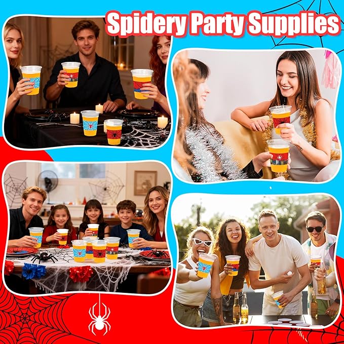100Pcs Spider Web Birthday Party Decorations Cups, 12 OZ Disposable Plastic Drinking Cups Hot Cold Drink Wine Coffee for Home Sports Birthday Christmas Themed Holiday Party Supplies Favors