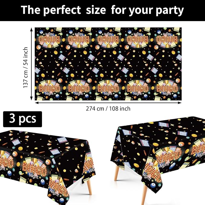 Grencian 3Pcs Bingo Tablecloth Bingo Night Table Cover Plastic Rectangle Black Game Night Table Cloth Party Decorations for Adult Boys Girls Family Game Birthday Bin-go Theme Party Supplies 54" x 108"