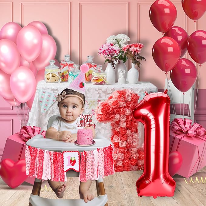 Strawberry Highchair Banner for Baby First Birthday Party Decorations Sweet Berry 1st Birthday High Chair Tassel Garland for Girls Baby Shower One Bday Strawberry Fabric Banner Backdrop Decors
