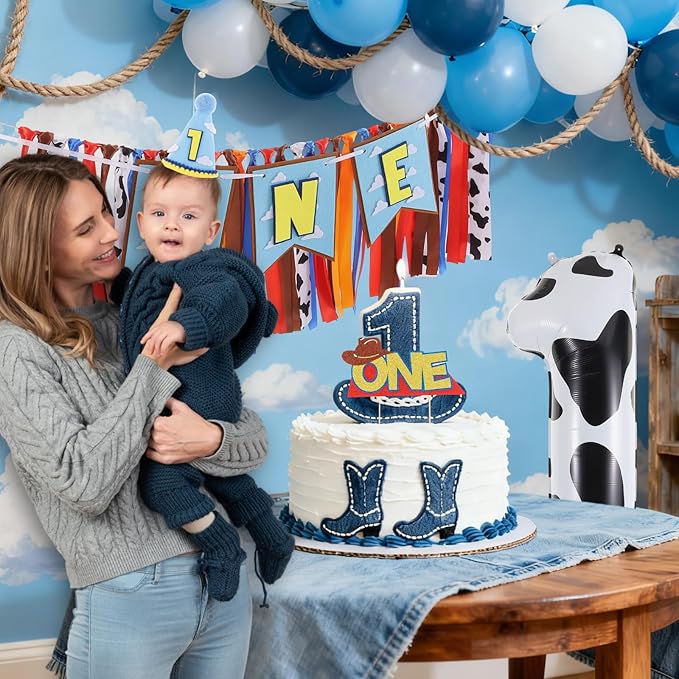 Cartoon Toy Highchair Banner for Baby First Birthday Party Decorations Blue Sky With Clouds High Chair Tassel Banner for Boys Girls Western Cowboy 1st Birthday Photo Props Backdrop Decoration