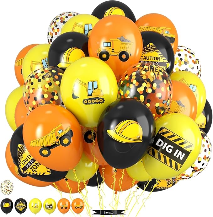 Construction Balloons, 12 Inch Black Yellow Orange Truck Printed Confetti Excavator Balloons for Boy Construction Birthday Party Supplies Excavator Baby Shower Truck Themed Party Decoration Backdrop