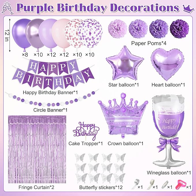 Ouddy Life Purple Birthday Party Decorations for Women Girls, Lavender Purple Pink Foil Confetti Balloons, Fringe Curtain, Cake Topper, Pompoms, Happy Birthday Banner Wedding Princess Party Supplies
