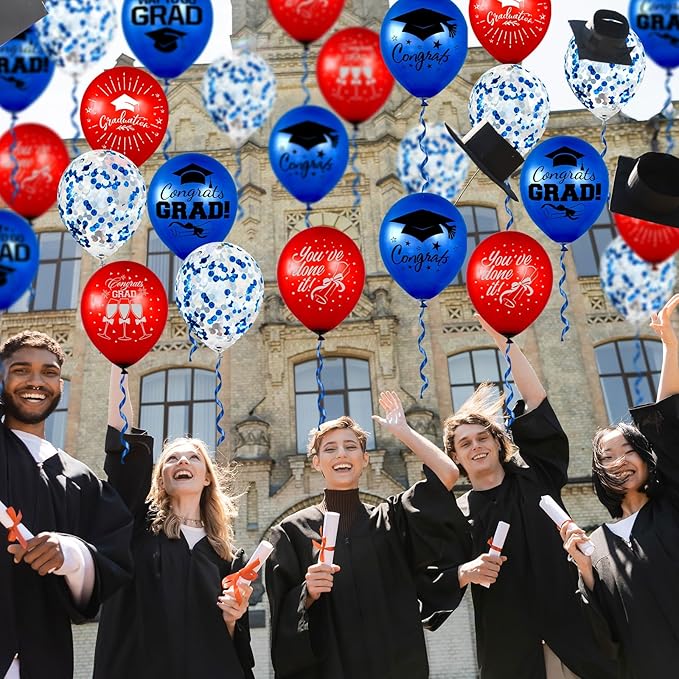 Whaline 60Pcs Graduation Party Balloon Set 7 Designs Confetti Latex Balloon with 2 Rolls Ribbon Class of 2025 Grad Cap Congrats Grad Balloon for Graduation Party Decoration Supplies (Blue, Red)