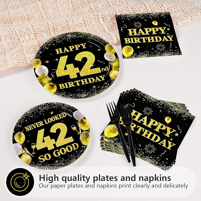 96Pcs 42nd Birthday Party Decorations 42 Never Looked So Good Gold Paper Plates and Napkins Tableware Set Black Gold 1983 Theme Decor for Men Women Cheers to 42 Years Old Party Supplies Serves 24