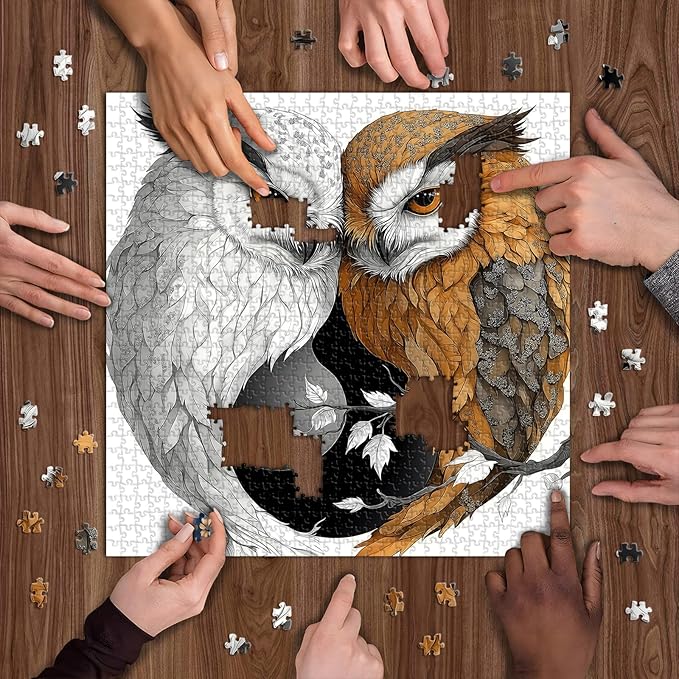 Yin Yang Owl Jigsaw Puzzle 1000 Pieces for Adults,Unique Bird Jigsaw Puzzle Features Dual Owl Balance, Black and White Animal Puzzle,Impossible Owl Home Wall Decor