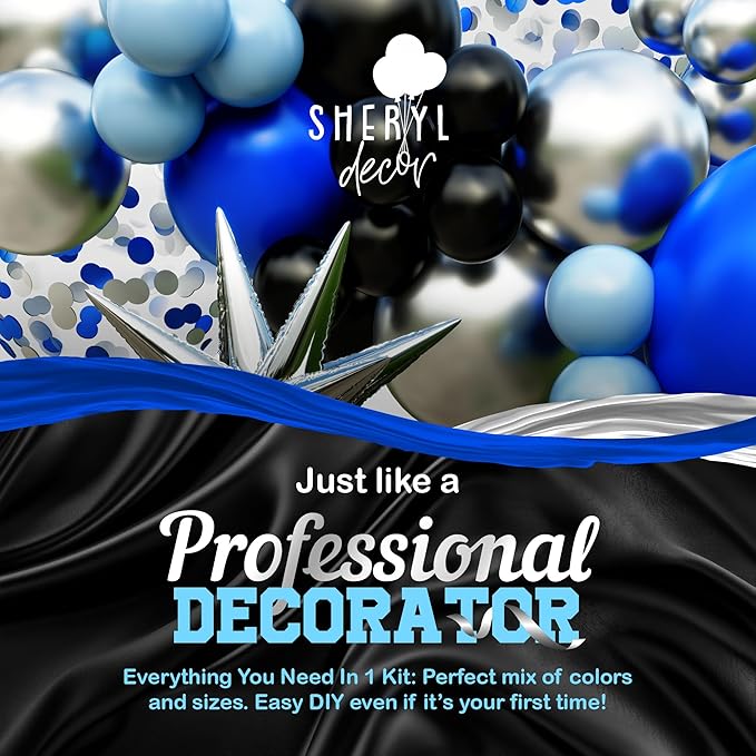 ALL-IN-1 Blue and Black Balloons Arch Kit with BONUS Starbursts – Small & Large Silver Black Blue balloons – Light, Navy, Royal Blues & Blacks Party Decorations for Baby, Graduation, Birthday, Gaming