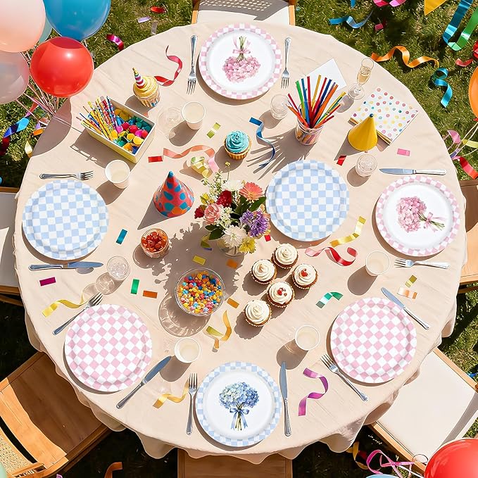 60Pcs Hydrangea Plaid Paper Plates 9" Heavy Duty Disposable Blue Pink Floral Dessert Plates Flower Checkered Party Decorations for Spring Baby Shower Wedding Bridal Shower Birthday Party Supplies