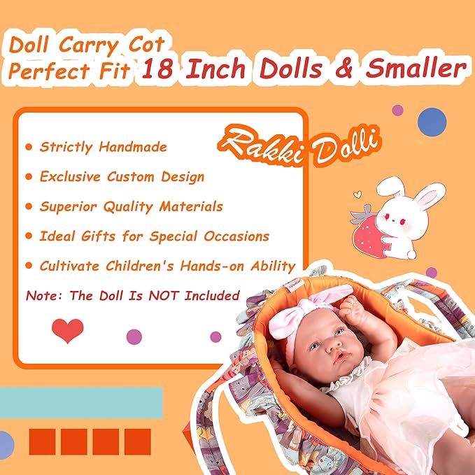 Doll Carry Cot Set, Soft 3PC Set Includes Cot, Mattress and Pillow, Orange Cartoon Doll Bassinet, Fits for 10-12 Inch American Girl Dolls