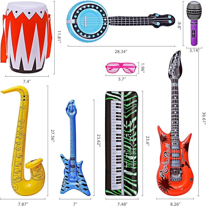 Max Fun Inflatable Rock Star Toy Set, 30 PCS 80s 90s Party Decorations Inflatable Party Props Musical Instrument Blow up Guitar Inflate Rock Band for Carnival Party Favors Rock and Roll Party Supplies