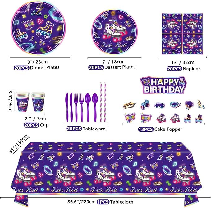 199 Pack Roller Skating Party Supplies Roll Theme Birthday Decoration Roller Skate Birthday Party Tableware Set Let's Roll Birthday Party Packs Serves 20, Purple
