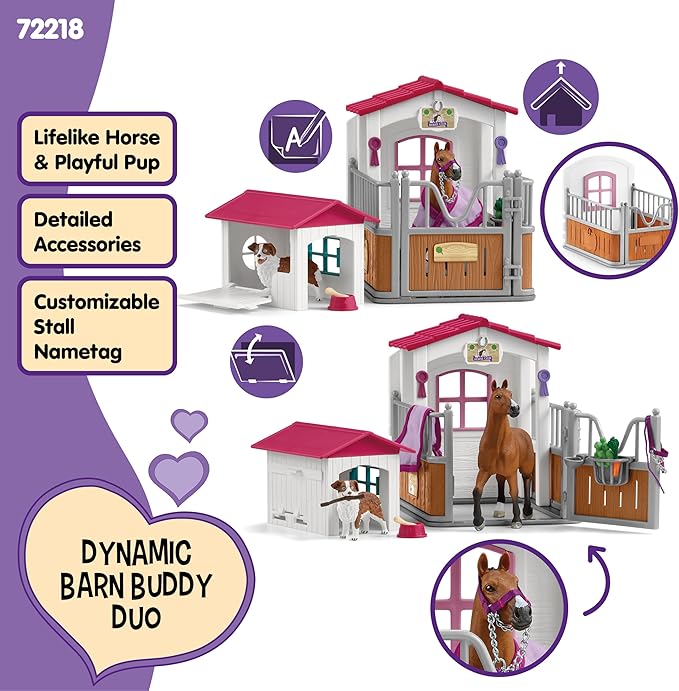 Schleich Horse Club - 32PC Horse Stall and Doghouse Playset - Realistic Racehorse and Dog Figurines with Tack Accessories - Equestrian Toys for Imaginative Play - Boys and Girls 5+ | 72218