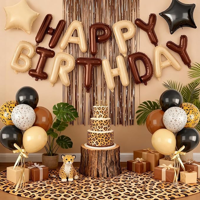 29PC Cream Brown Leopard Happy Birthday Balloon Banner, 16Inch 3D Aluminum Letter Banner Sign, Gold White Cheetah Printed 18 Inch Black Brown Star Foil Balloons for Leopard Cheetah Party Decorations