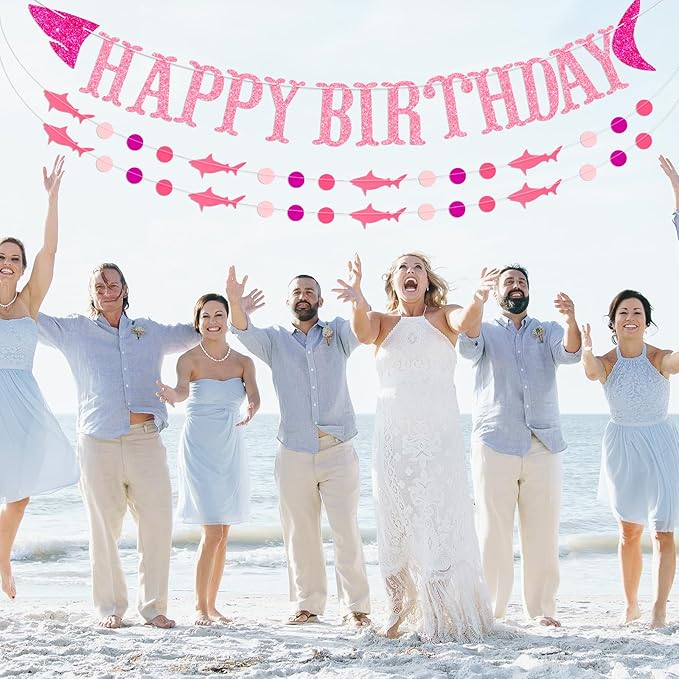 Shark Happy Birthday Banner and Garlands, Ocean Beach Under The Sea Theme Party, Shark Party Supplies (Pink)