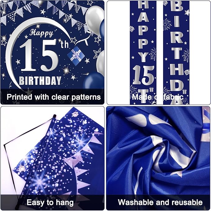 Blue 15th Birthday Decorations - Door Banner, Balloons, Porch Sign & Latex Balloons for Boys & Girls 15th Bday Party Supplies