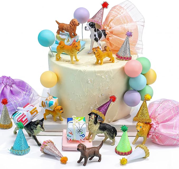 Weysat 41 Pcs Puppy Dog Cake Topper Figures Birthday Party Decorations with Mini Hat and Skirt, Colorful Balls, Jungle Toppers Decoration with Gift Boxes for Puppy Animals Themed Party (Pet)