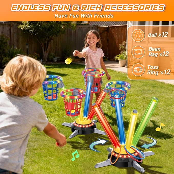 VATOS 3 in 1 Bean Bag & Ring Toss Game, Musical Jumping for Kids, Electric Spinning Base with Remote, Lights, 12 Sandbags, 12 Tossing Rings, 12 Balls, Indoor Outdoor Backyard Sport Toy for Boy Girl 3+