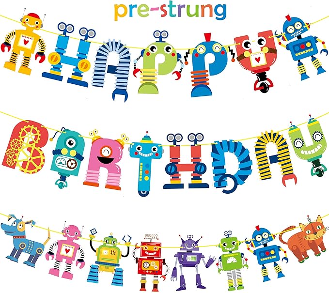 Robot Happy Birthday Banner and Party Decoration - Cartoon Hanging Decoration for Boys' Birthday - Robot Theme Party Supplies