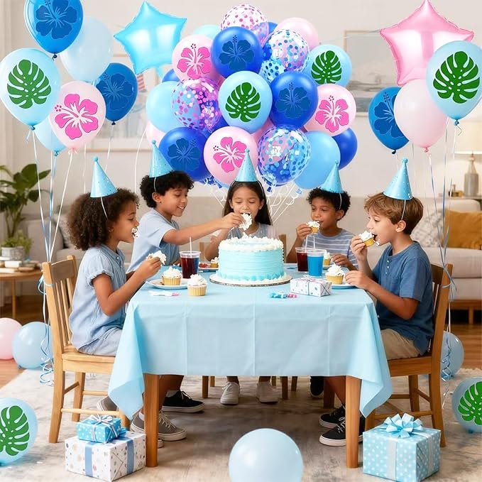 Blue Pink Light Blue Balloon 54Pcs 12 Inch，Cute Print Balloons for Cartoon Themed Birthday Party Decorations Boys Girls Hawaiian Gatherings Party Supplies