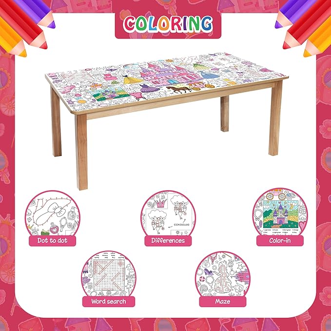 Princess Coloring Tablecloth for Kids, Giant 30x72 Inch Poster with Castles, Crowns, Fairy Tale Icons, Perfect for Girls Princess Party Games, Royal Decorations, Celebration Supplies