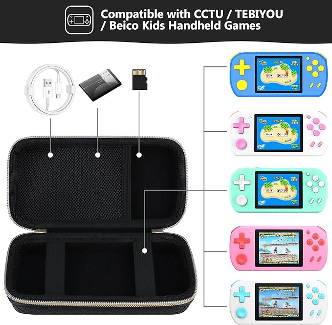 Supmay Carrying Case Compatible with CCTU / TEBIYOU Kids Handheld Games Preloaded 218 Retro Video Games, Portable Gaming Electronic Toys Storage Holder Travel Bag with Mesh Pocket, Black(Star)