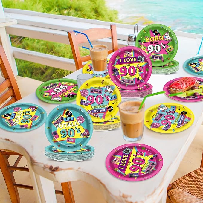 CHUNNIN 48Pcs 90's Party Plates Back to The 90s Party Decorations 1990s Theme Paper Dessert Plates Retro Birthday Supplies 7" 1990's Music Decorations for Kids Birthday Baby Shower Favor