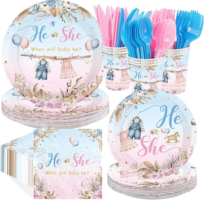 168Pcs Boho Gender Reveal Party Decorations He Or She Pink Blue Plates Napkins Cups Forks Knives Spoons Disposable Paper Tableware for Boy Or Girl Baby Shower Party Supplies Serves 24
